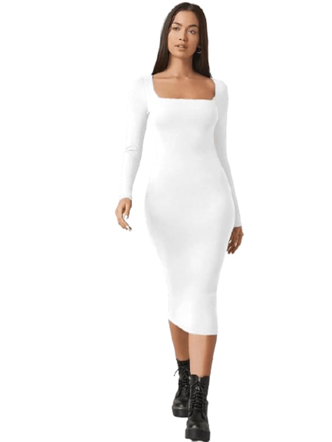 Aahwan White Solid Square Neck Solid Midi Bodycon Dress for Women's & Girl's
