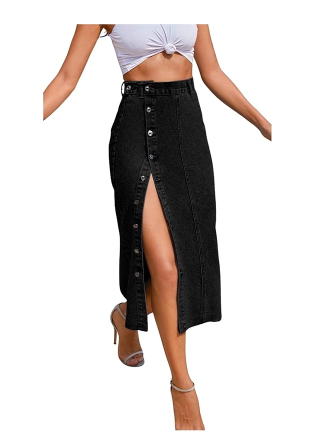 Aahwan Blue Midi Denim Pencil Front Button Side Slit Skirt for Women's & Girl's