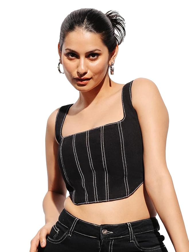Shasmi Girl's and Women's Blue Denim Crop Top, Square Neck, Sleeveless Corset Style Women Western Cotton Denim Bustier Vest Crop Top | Bralette Blouse | Sleeveless (Denim Top 158)