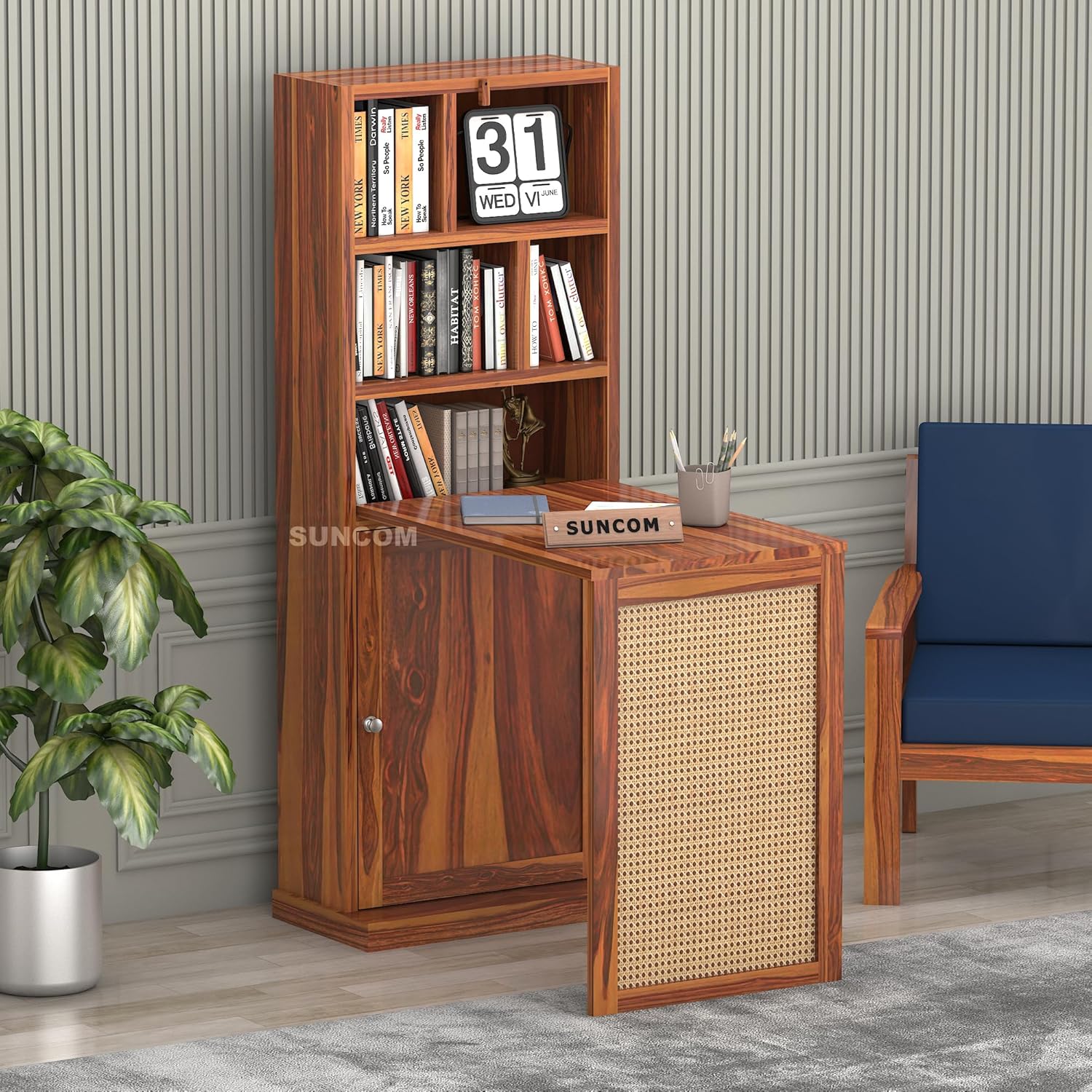 Solid Sheesham Wood Foldable Study Table with Bookshelf & Storage Cabinet | Rosewood Study Desk for Home & Office (Walnut Finish)