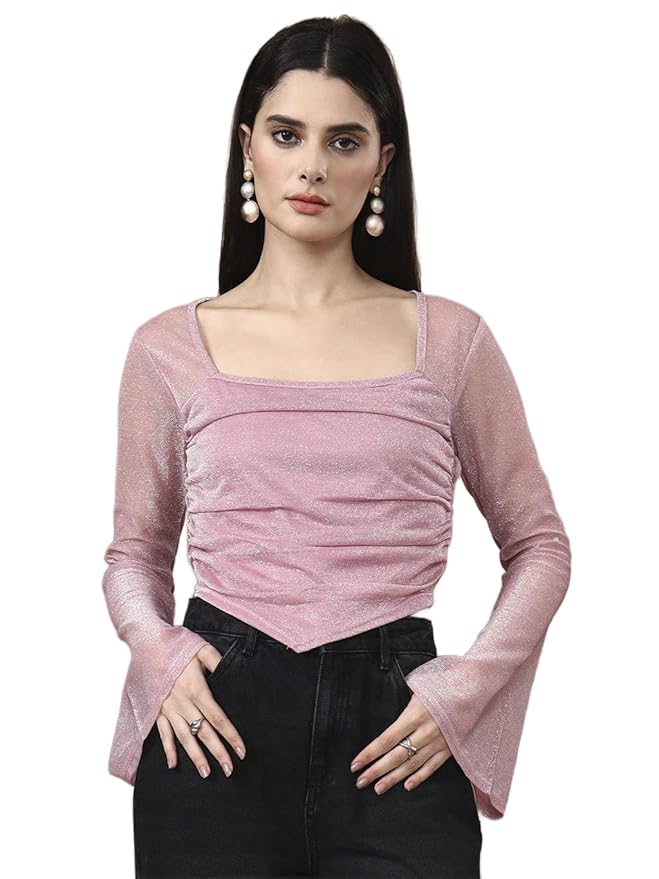 Istyle Can Women’s Solid Lurex Mesh Ruched Crop Top | Square Neck Slim-Fit Stretchable Top with Long Bell Sleeves