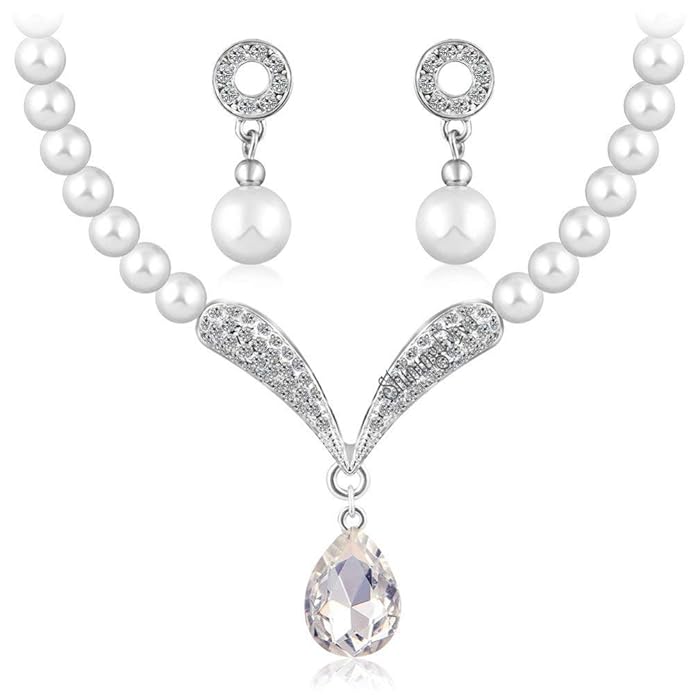 Shining Diva Fashion Crystal Pearl Necklace Set For Women/Jewellery Set with Earrings for Women & Girls, Silver plated base (White)(rrsd8494s)
