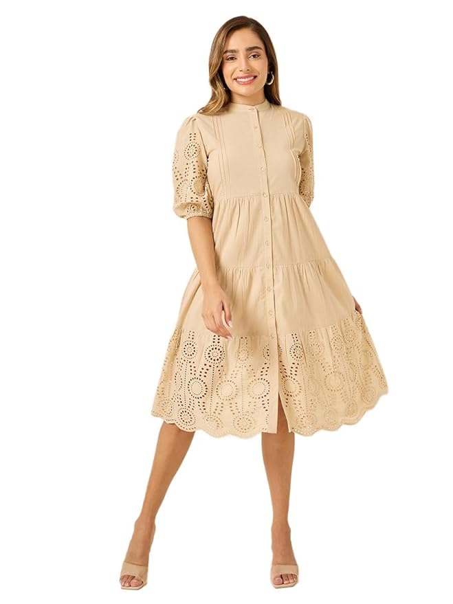 Styli Women Self Design Mandarin Collar Puff Sleeve Cotton A-Line Dress | Stylish One Piece Dress for Women | Perfect Long Dress for Casual, Party