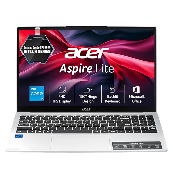 Acer Aspire Lite 12th Gen, Intel Core i5-12450H, Office 2024 + M365 Basic, 12GB / 512GB SSD, 39.62cm 15.6" FHD IPS Display, Win 11 Home, Pure Silver, 1.7KG, AL15-52H, Backlit KB, Thin & Light Laptop