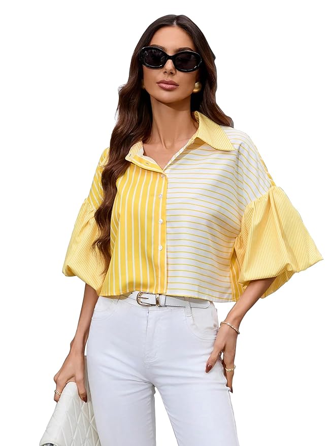 Shasmi Women's Random Striped Print Button Up Casual Shirt with Lapel Collar, Women's Fashion Striped Design Versatile Short Batwing Sleeve Shirt (Crop Shirt 137)