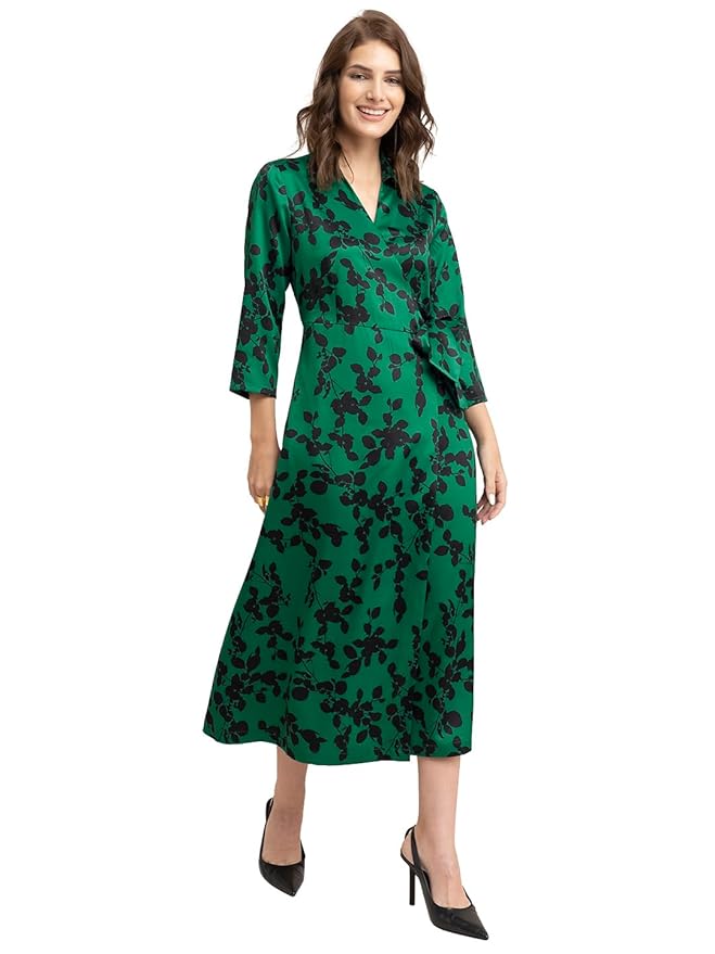 FableStreet Green Floral Satin Midi Dress