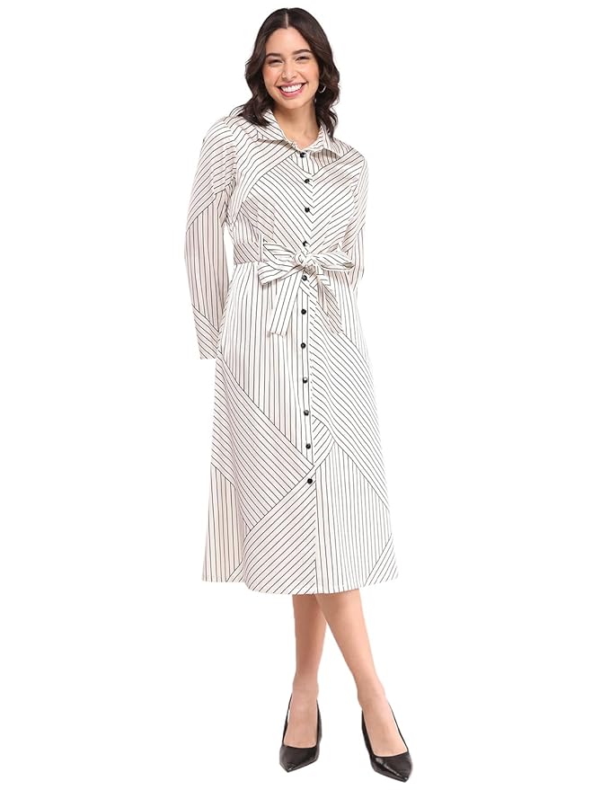 FableStreet Women Formal Dress | Notch Collar Wrap Midi Dress with Self-Tie Belt & Button-Front | Smooth Viscose Rayon Fabric for Workwear & Day-to-Night Elegance