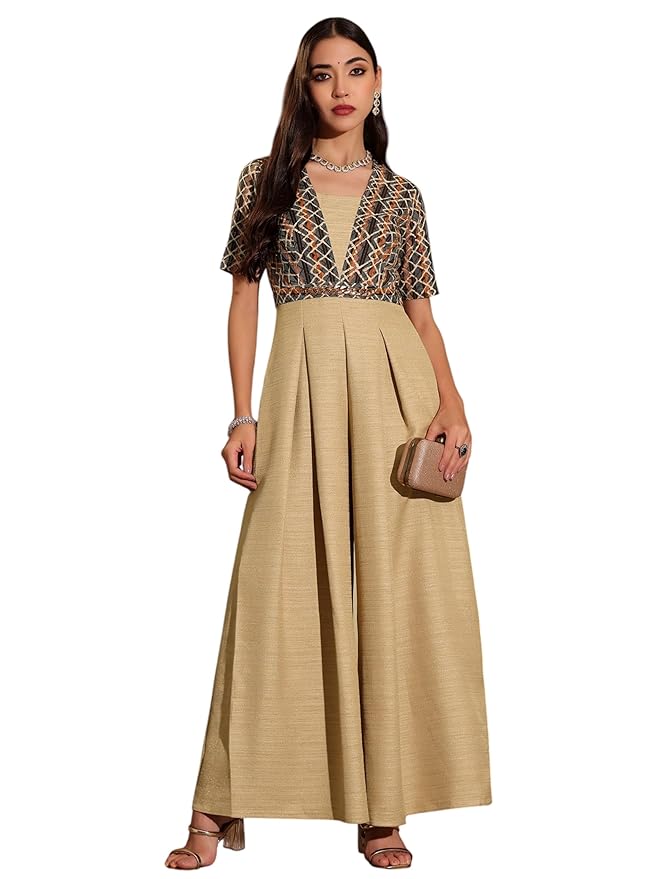 Miss Chase Women's Square Neck Half Sleeve Geometric Pleated Silk Jumpsuit