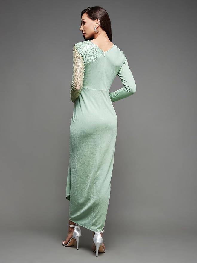 Miss Chase Women's Fit and Flare Full Length Pleated V-Neck Full Sleeve Dress