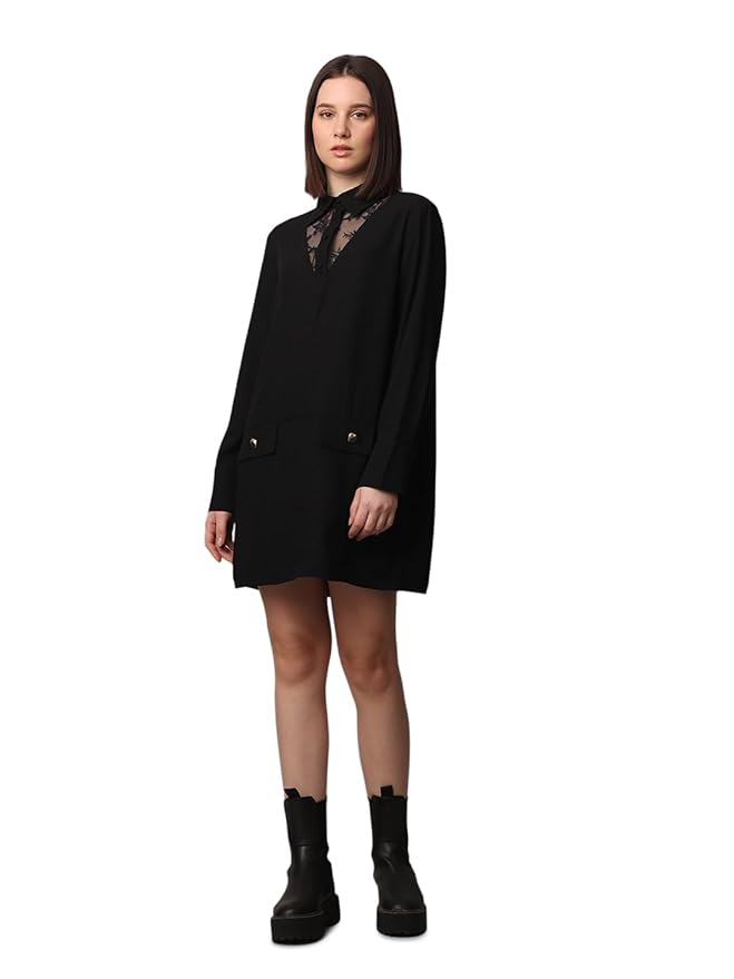 ONLY Women's Buttoned Down Shirt Mini Dress | Lace Mesh Insert | Long Sleeves | Buttoned Cuffs | Front Pocket