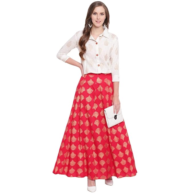 Stylum Women's Blue Printed Rayon Blend Shirt Skirt Set | Skirt Top Set Ethnic Wear for Festival & Party