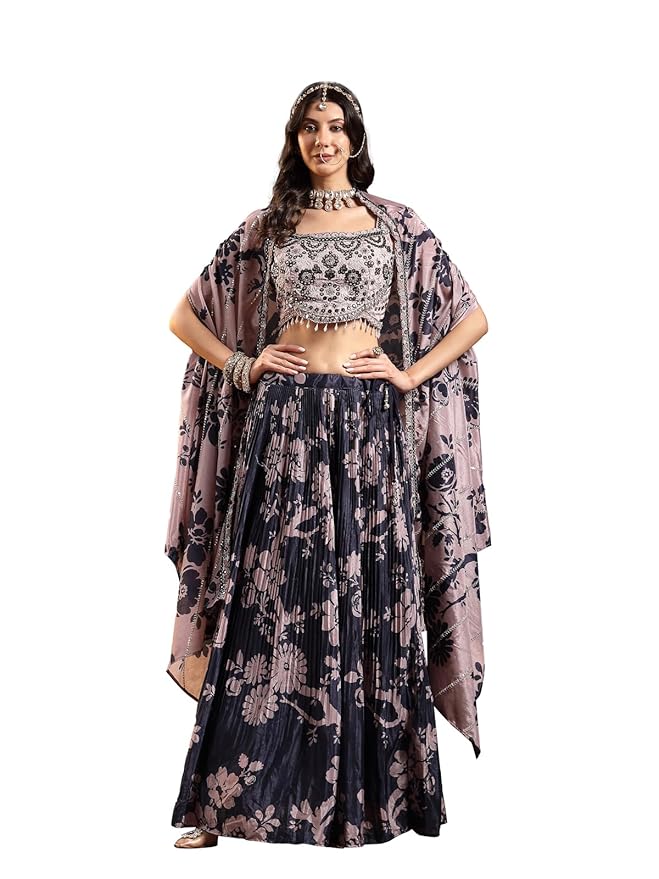 Stylum Women's Navy Floral Printed & Embroidered Chinon Lehenga Choli With Shurg
