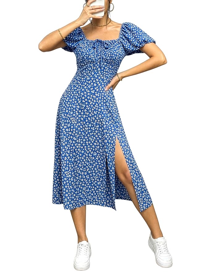 Aahwan Floral Printed Puff Sleeve High Slit Maxi Outfit Dress for Women's & Girl's