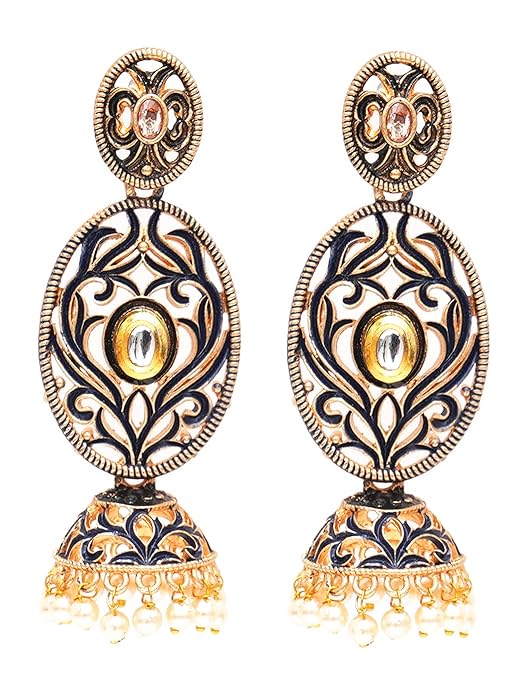 Karatcart Gold Plated Pearl Studded Light Green Meena Dangler Earrings for Women