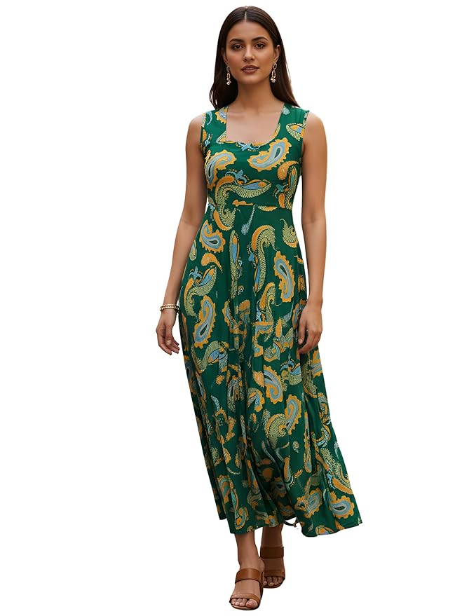 Yash Gallery Women’s Green A-Line Paisley Print Dress Sleeveless Flared Midi Dress for Women Wrinkle Free Micro Fiber Fabric Casual, Party & Holiday Wear Western Dress