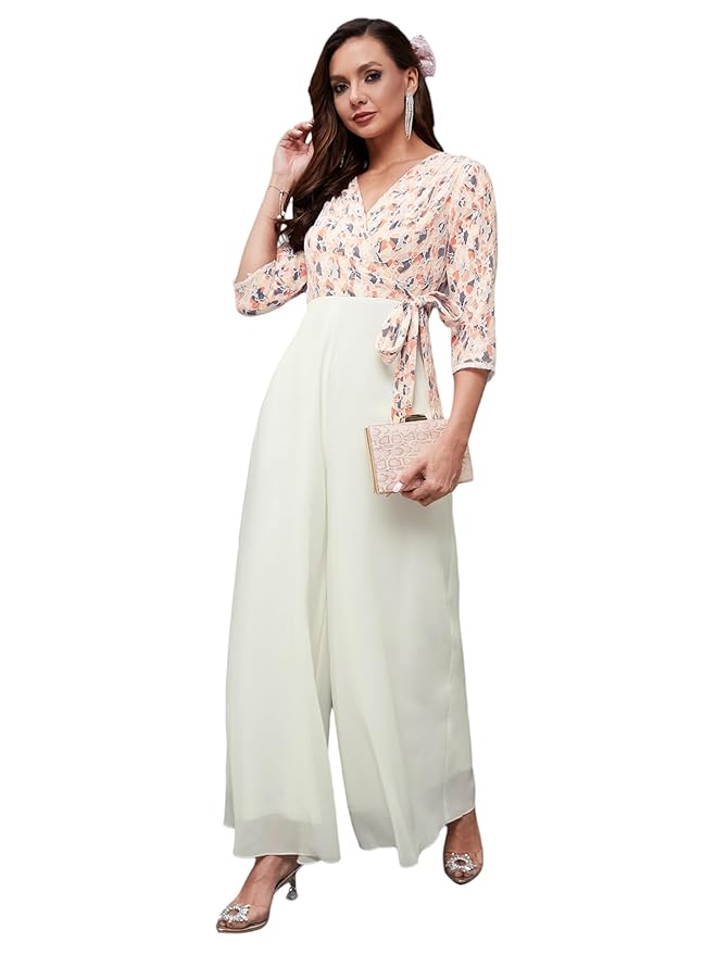 Miss Chase Women's V-Neck Full Sleeve Self Design Wrap Georgette Jumpsuit with Pockets