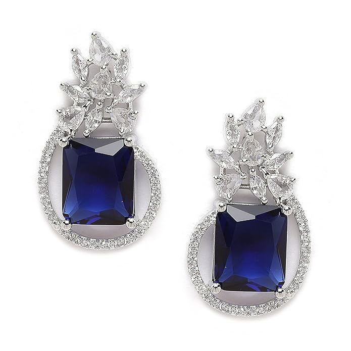 Zeneme Oxidised Silver-Plated American Diamond studded Paisley Shaped Studs Earrings for Girls and Women