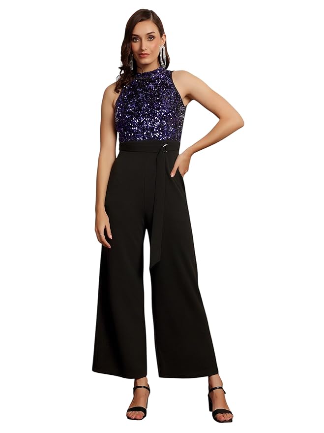 Miss Chase Womens Halter Neck Sleeveless Embellished Regular-Length Jumpsuit