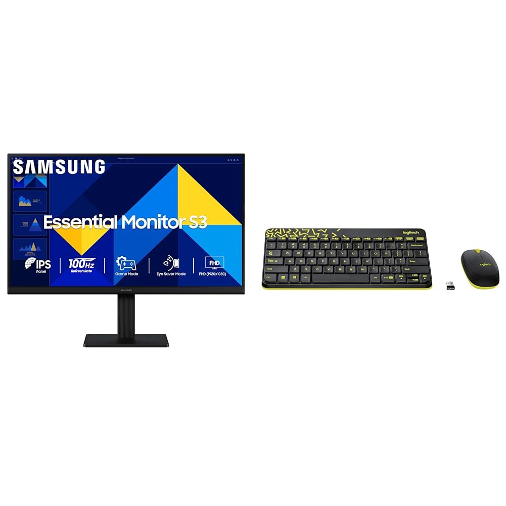 Samsung 27" S3 Flat Monitor|Super Slim Borderless Design|IPS Panel|FHD 1920 x 1080|100 Hz|5 ms|Ports-HDMI,VGA|Game Mode||Eye Saver Mode + Logitech MK240 Nano Wireless Keyboard and Mouse Combo