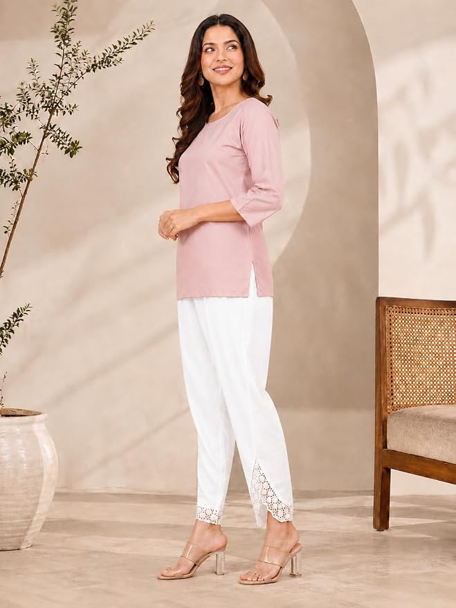 Leriya Fashion Trousers for Women | Cotton Ethnic Palazzo Pants with Lace Embroidery | Elastic Waist Wide Leg Casual Women Trousers | Comfortable Summer Woman Trouser Pants