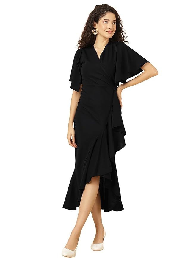 Selvia Wine Flutter Sleeve Bodycon Midi Dress for Women, V-Neck Ruffle Hem Outfit