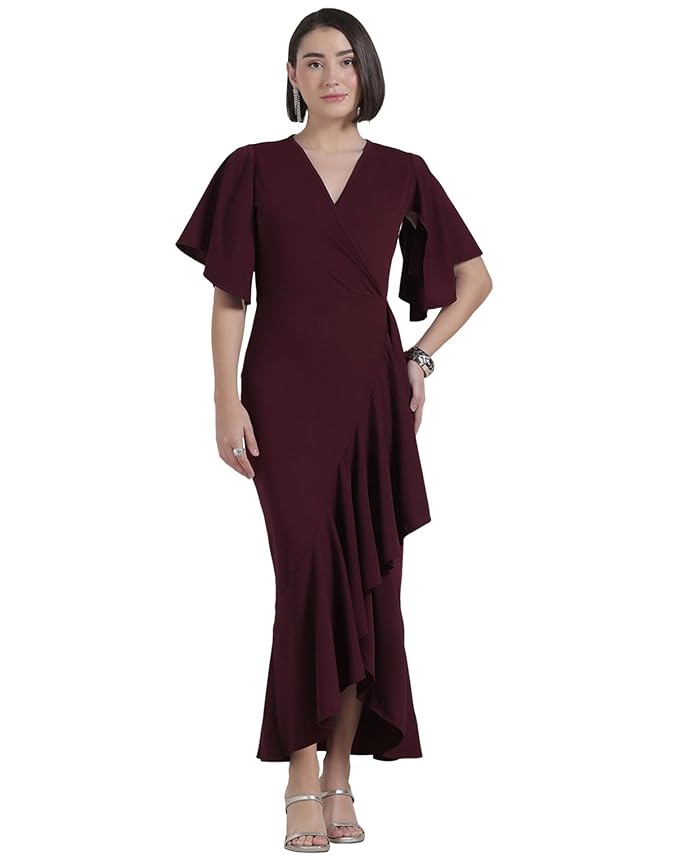 Selvia Wine Flutter Sleeve Bodycon Midi Dress for Women, V-Neck Ruffle Hem Outfit